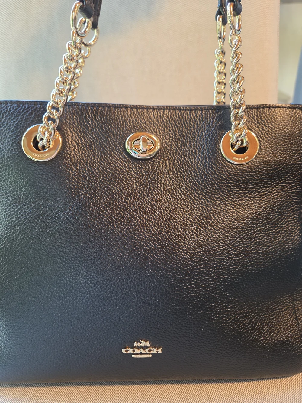 COACH Black Pebbled Leather Turnlock Chain Tote Bag 27 - Style 57107